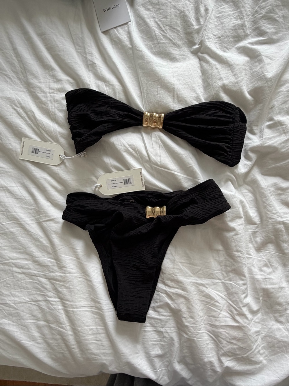 Textured Black Bandeau Bikini Set with Gold Accent